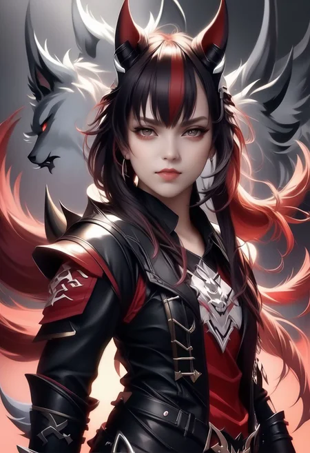 A horned female teen rogue wearing ((leather armor)), black suit, oni girl with wolf-ears, dangerous Kemonomimi waif, brunette assassin, tiefling thief, black hair, three small horns, [onii (Shuna, Hakurou) horns], tri-horn (masterpiece:1.5), (best quality), (disharmonic + ugly + unaesthetic:1.5)