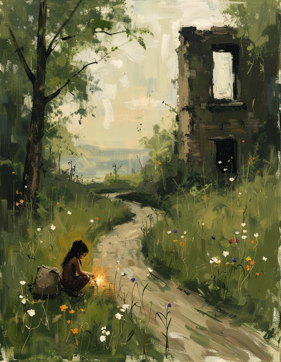 sketch painting of a mystical landscape faerie realm with a tiny crouched figure glimmering next to a sack on the side of a broken overgrown path with crumbled ruins and ivy and wildflowers. Mysterious and magical