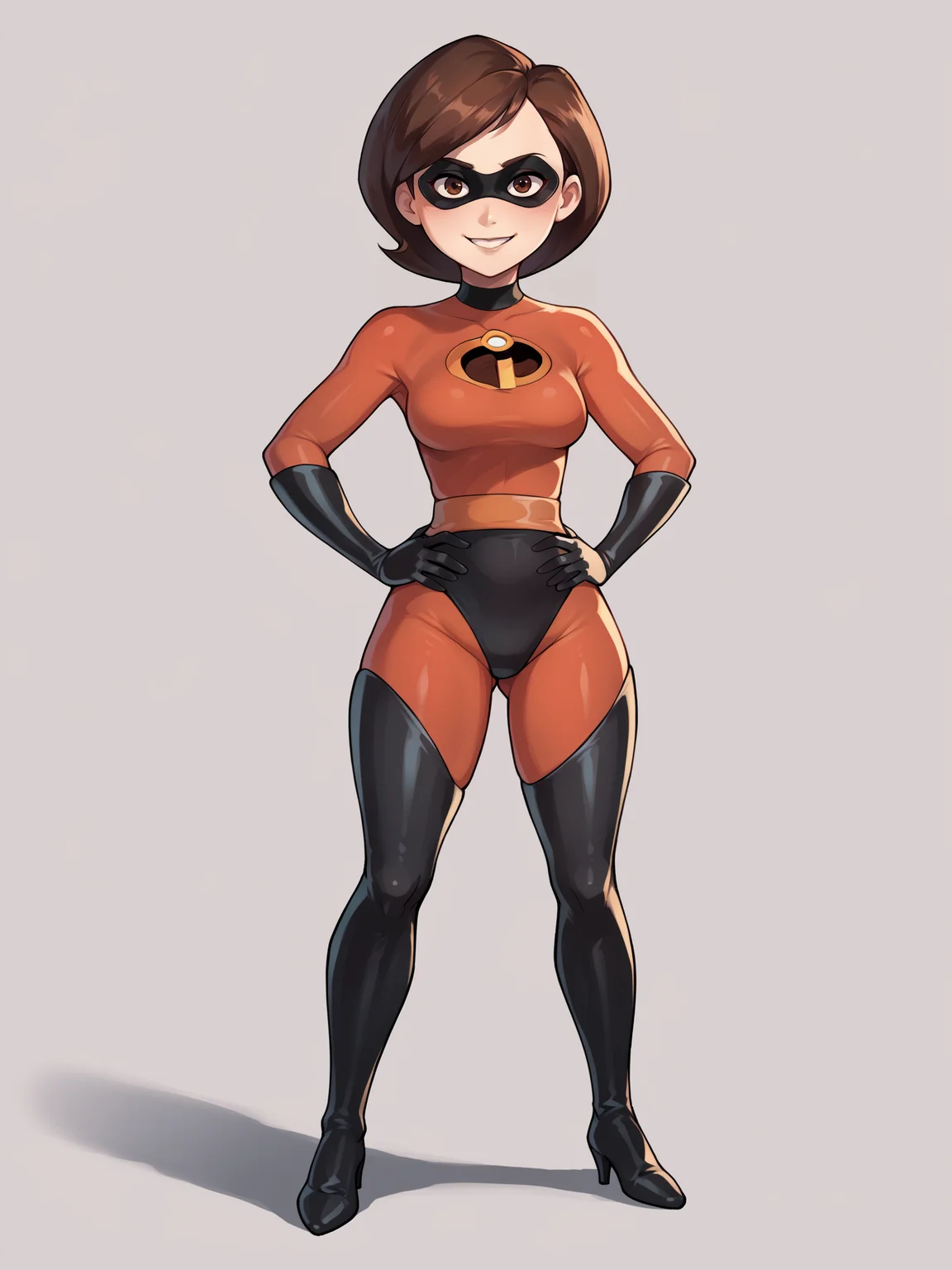 score_9, score_8_up, score_7_up, score_6_up, score_5_up, score_4_up, BREAK, source_cartoon, source_anime, 1girl, helen parr, brown hair, brown eyes, domino mask, bodysuit, smile, full body, hands on hips, looking at viewer, simple background <lora:HelenParrXL:1>