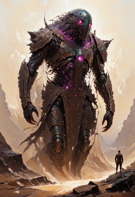 Cybernetic skeleton with ragged clothes. Walking in the wasteland with glowing magenta eyes