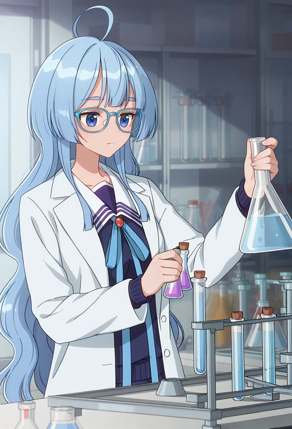 <lora:SEIHA SHIUNJI:1>,
SEIHA SHIUNJI,ahoge,solo,glasses,lab coat,blue-framed eyewear,holding,flask,long sleeves,school uniform,indoors,ribbon,neck ribbon,upper body,blurry,closed mouth,test tube,sailor collar,shirt,looking at object,blue ribbon