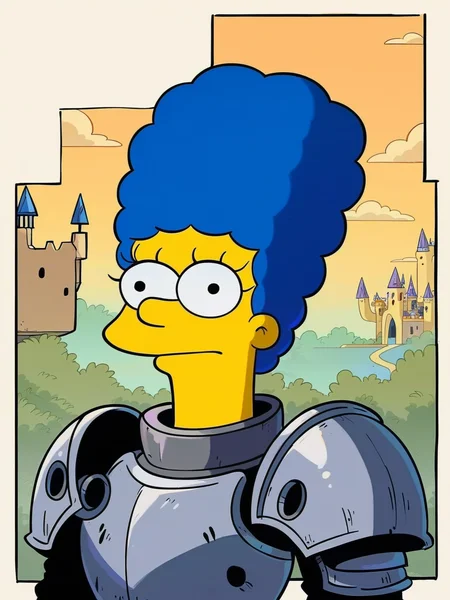 <lora:Marge:0.7> m_s, 1girl, yellow skin, long lashes, long nose, blue hair, tall beehive hairstyle, round eyes with black pupils, black eyes,
((steel knight armor)), castle background,, score_9, score_8_up, score_7_up,
