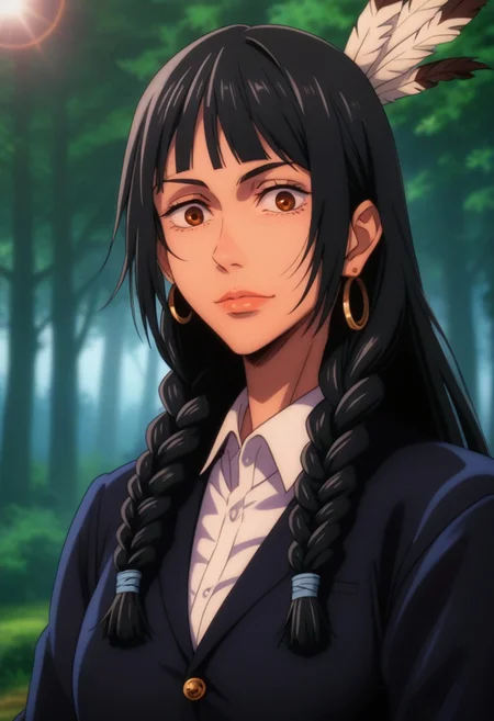 score_9, score_8_up, score_7_up, source_anime, intricate details, anime screencap, perfect balance, official art, extremely detailed CG unity 8k wallpaper, perfect lighting, Colorful, Warm_Front_face_Lighting, (masterpiece:1.0),(best_quality:1.0), ultra high res,4K,ultra-detailed, photography, 8K, HDR, highres, absurdres:1.2, Kodak portra 400, blurry background, bokeh, lens flare, (Anime) (vibrant_color:1.2), professional photograph, night, (cute_face:1.2), 2d, anime, upper body, intricate iris, American, Professional character design, 1girl, female focus, (Brown eyes), perfect eyes, (black-hair), Native American, Indigenous, American Indian, youthful, solo, jujutsu_kaisen_style, character portrait, (perfect-lighting), face, young, (Dark-black-hair), Long hair, (Native American), Indigenous, American Indian, (wild hair), (((wild eyes))), (Native North American), (Upturned eyes), (high cheekbones), (strong jawline), (Black Hair), ((((Native-American-Eagle-feather-braids, Native American Eagle feather accessories)))), (Black Cowboy Jacket), (((wild eyes))) ((Bobbed Bangs)) (((Slanted-Eyes))) (Psycho) (Happy) (Friendly) (Goofy) (Dark Black Jacket) (White Dress Shirt), (Blue Warpaint), (Redwood Forest, Pacific Northwest Forests), (Inuit), (Tan skin), (Dark Skin), (Brown skin), (bobbed hair), White Eagle-Feather-Earrings, Thick Bangs, Bobbed hair, Bob-cut, White-Feather-Earrings, Brown-skin, Inuit Face-paint