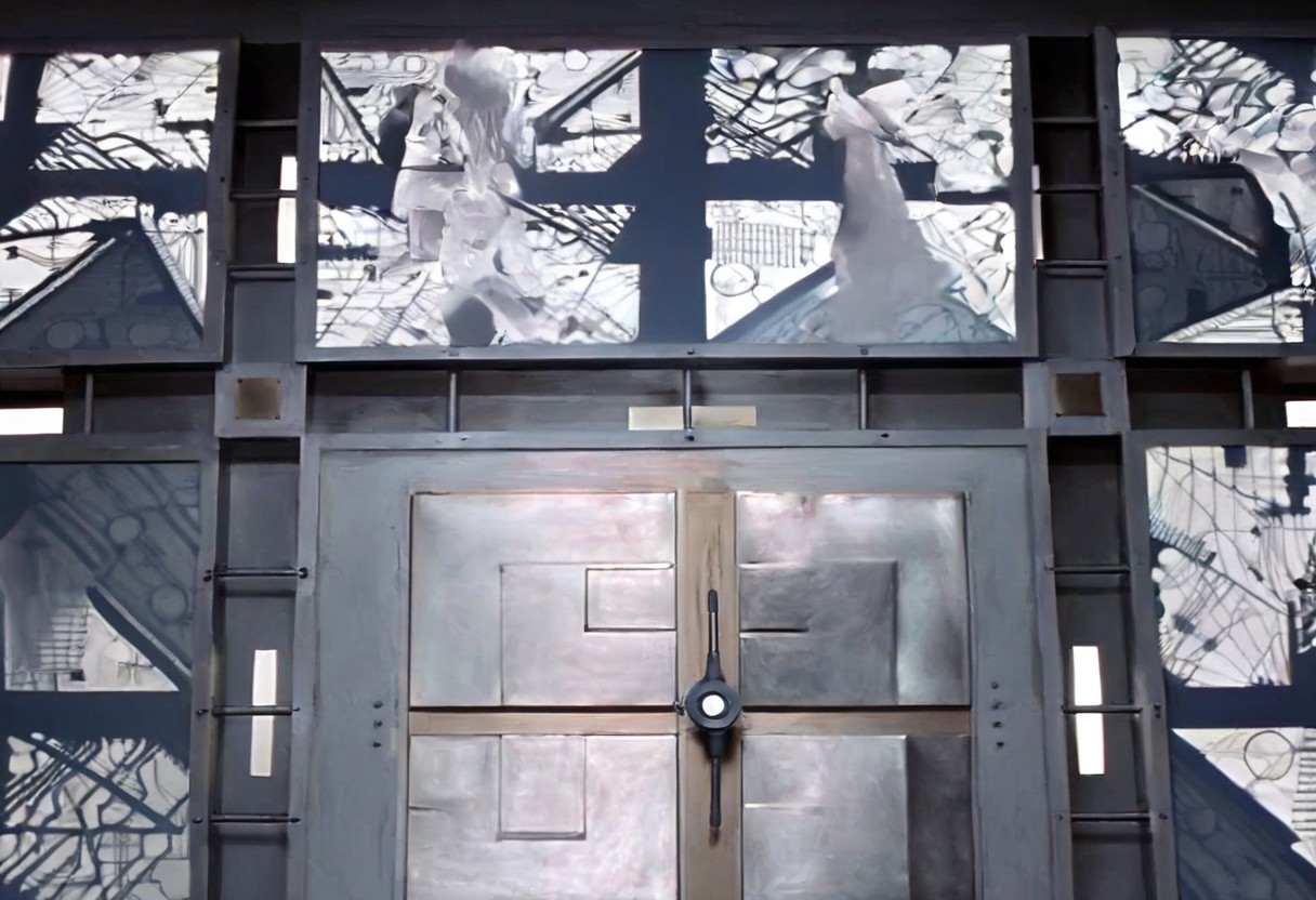*A futuristic, cubic room where every surface—the floor, walls, and ceiling—looks identical, creating a symmetrical and disorienting space. The room is made of metallic panels, each featuring intricate, geometric patterns resembling advanced circuitry. These patterns are precisely cut into the metal, allowing a soft, white light to filter through, casting sharp, complex shadows across the surfaces. The cold, white light gives the room a sterile, almost otherworldly feel. The metallic surfaces subtly reflect the light and patterns, amplifying the sense of depth and making it difficult to distinguish one wall from another.
In the center of each of the six surfaces, including the floor and ceiling, is a square metallic door, seamlessly integrated into the surrounding panels. These doors are identical and blend into the room’s design, adding to the disorienting and claustrophobic atmosphere. The uniformity and symmetry of the room create a high-tech, sterile environment that feels isolating and mysterious.
The overall ambiance is one of eerie sophistication, blending advanced technology with unsettling uniformity. The space feels like a confining, enigmatic environment where every direction is the same, leaving anyone inside with a sense of isolation and uncertainty. Each surface of the room looks exactly the same. The room is 5 meters long in each direction.*