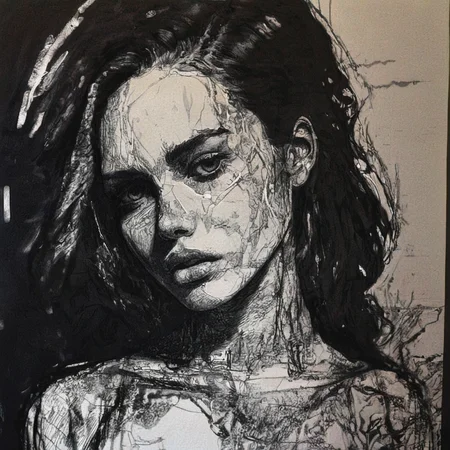 <lora:CorruptedOutputXL:0.8>, CorruptedOutputXL, black and white pencil sketch of a woman in a dark room