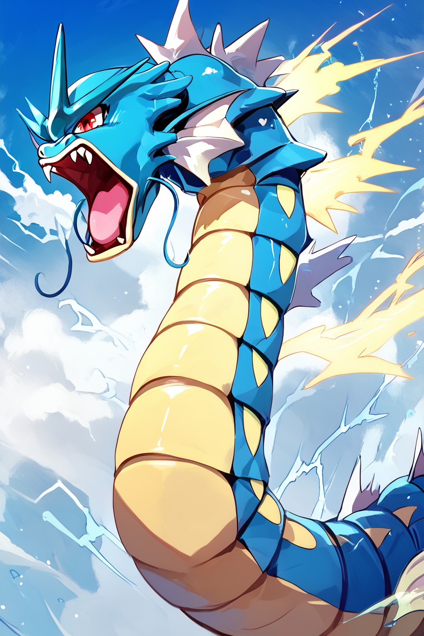 score_9, score_8_up, score_8,  ,,,  zzGyarados, open mouth, red eyes, outdoors, sky, teeth, day, tongue, cloud, fangs, electricity, (hyperbeam:1.2),   ,<lora:GyaradosPokedexPDXL_v3:1.0>,   ,,, ,,, embedding:zPDXL, Expressiveh, <lora:Expressive_H-000001:0.4>,  <lora:ProAnime_PDXL_v1:0.8>,