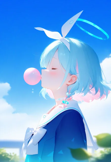 masterpiece, best quality, good quality, very awa, alens,
1girl, arona \(blue archive\), solo, bubble blowing, pink hair, closed eyes, chewing gum, halo, blue halo, multicolored hair, white choker, choker, colored inner hair, blue hair, upper body, white hairband, cloud, blue shirt, hairband, sky, blurry, from side, bow, short hair, outdoors, sailor collar, braid, blush, shirt, white sailor collar, blue sky, school uniform, bowtie, bubble, white bowtie, white bow, day, profile, serafuku, depth of field, two-tone hair, blurry foreground, side braid, white ribbon, single braid, leaf, blurry background, bow hairband, aqua hair, ribbon, hair ribbon
<lora:ai_styles_collection_noob_eps-1.1_v3.1:1>
