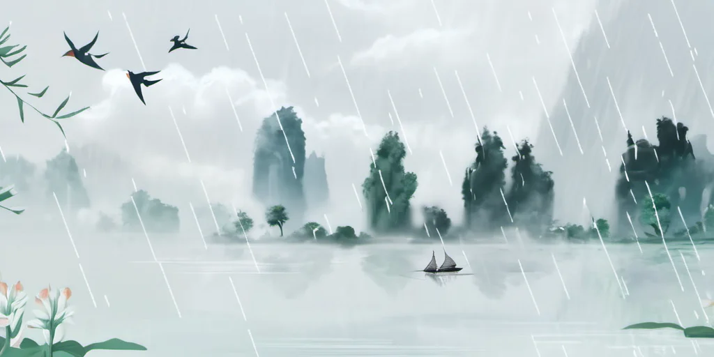 Sweeping Day Photography, rainy day landscape with birds flying over the water, best quality, high quality, masterpiece, 8K UHD, highly detailed, ultra detailed <lora:sweeping-day_lora_r64_sdxl:1>