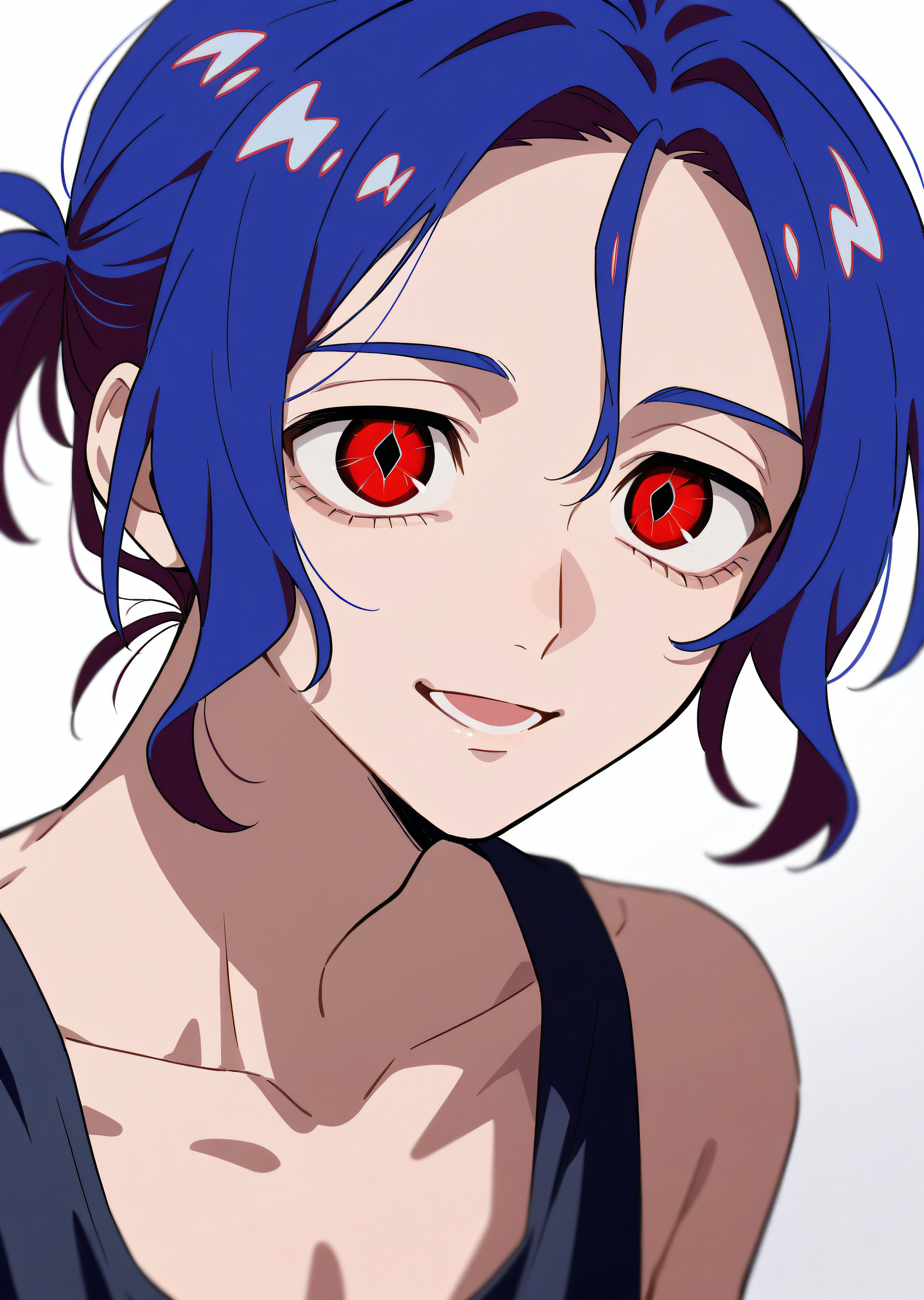 best quality, very aesthetic, absurdres, zPDXL, depth of field, volumetric lighting, BREAK
portrait,
perfect face, ultra-detailed face, 
perfect eyes, detailed eyes,  
1boy, solo,
 <lora:shuji_ito:0.8>shujiito, red eyes, blue hair, black tank top, white shirt, short ponytail,white background,