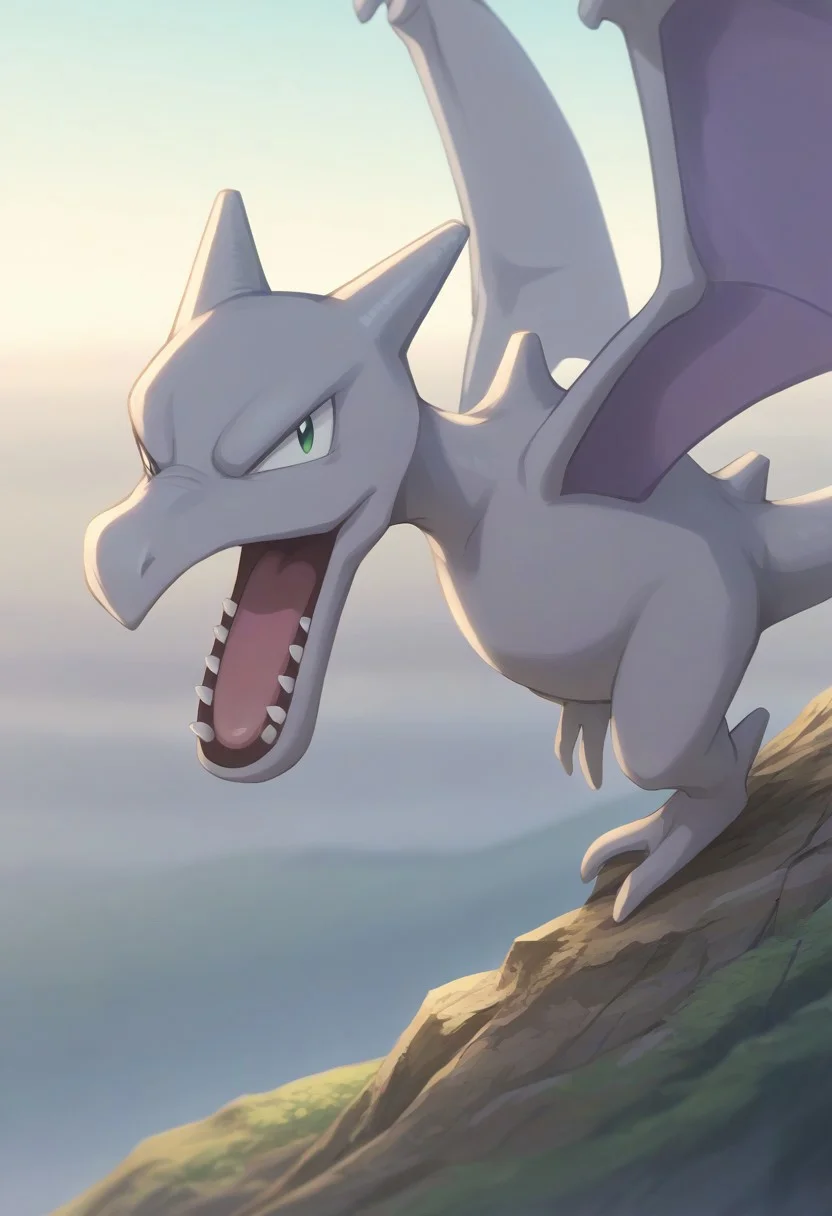 (source_anime, score_9, score_8_up, score_7_up:1), no humans, solo male, aerodactyl, feral, side view, looking at viewer, open mouth, outdoors, hills, pokemon \(classic anime\), anime screencap