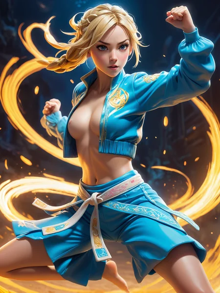a cute blonde martial artist anime girl strikes a jumping mid-air fighting pose, dust swirls to her movements, her stance strong and sharp, eclectic blue water magic, neon background, luminescent clothing accents, slim and flat-chested, bandage wrapped chest, blue jacket over, perfect action perspective shot, intricately detailed hand ornaments