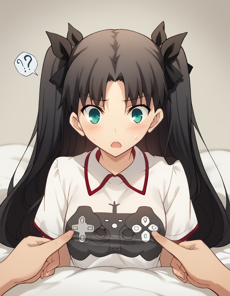 score_9, score_8_up, score_7_up, source_anime, rintohsaka, <lora:rin-tohsaka-ubw-ponyxl-lora-nochekaiser:1>, rin tohsaka, aqua eyes, black hair, hair ribbon, long hair, ribbon, sidelocks, two side up, parted bangs,, <lora:game-controller-print-ponyxl-lora-nochekaiser:1>, game controller print, game controller, print shirt,, bed, bed room, <lora:breast-poke-ponyxl-lora-nochekaiser:1>, breast poke, ?, blush, open mouth,, cowboy shot, dutch angle,