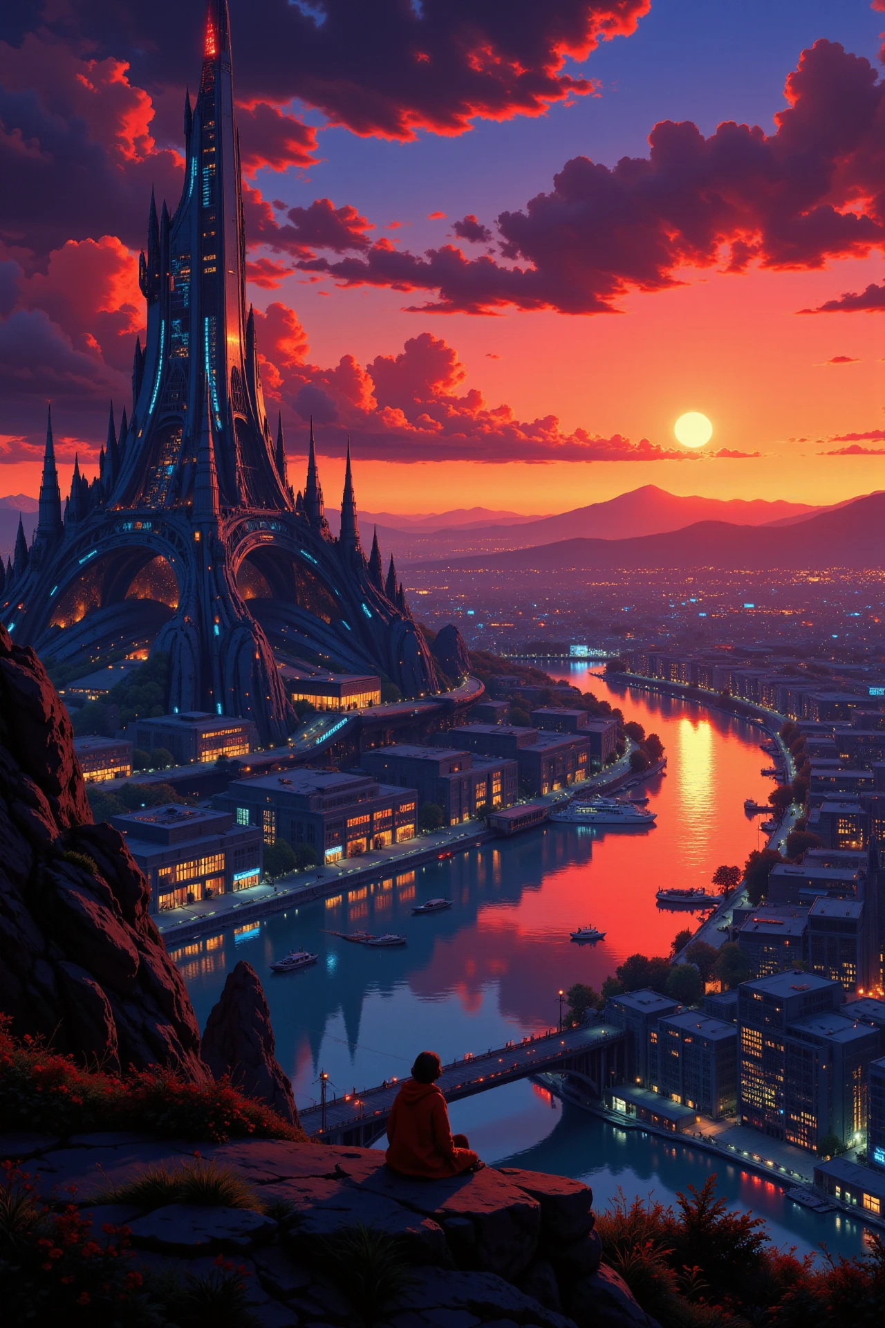 a futuristic sci-fi fantastic cyberpunk city beautiful  landscape, dusk, woman, very intricate, very detailed, sharp, bright, colorful, <lora:Hand v2:0.5> <lora:Anti-Blur:1><lora:Insane Detail Slider:0.25>  <lora:flux.1_lora_flyway_Epic-detail_v2:0.3> <lora:fluxenhancer:0.25> <lora:Anime_style:0.6> anime style