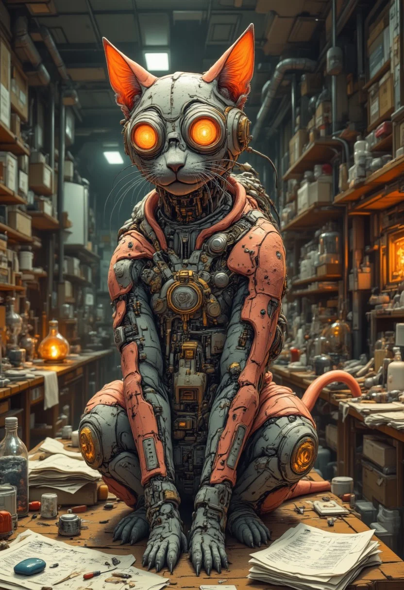A highly detailed steampunk clockwork cat, intricately designed with brass gears, copper plating, and exposed mechanical joints. Its eyes glow with an amber light, resembling vintage Edison bulbs. The cat’s body is adorned with Victorian filigree engravings, tiny steam vents emitting soft puffs, and delicate tubing winding around its limbs. The background features a retro-futuristic workshop with polished mahogany tables, scattered blueprints, and flickering gas lamps casting warm light. Detailed CGI, steampunk aesthetic, complex textures, and dynamic lighting effects. aidmafluxpro1.1