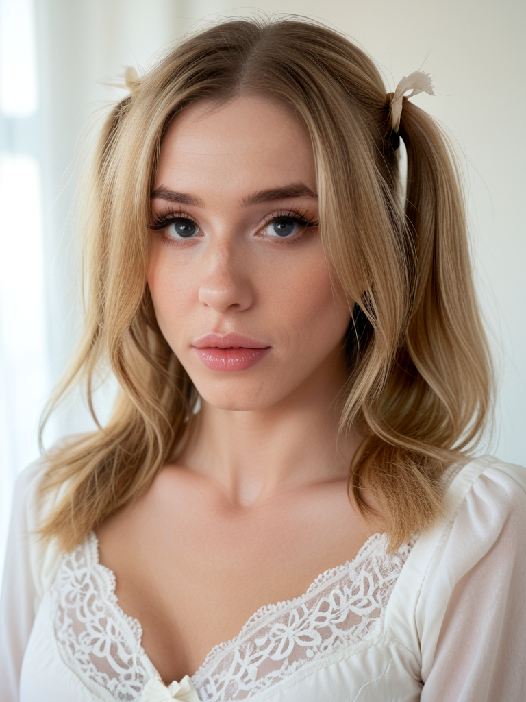 score_9, score_8_up, score_7_up,  LilyDemure33, Lily Demure, <lora:LilyDemure33-pony:1>,  1girl, makeup, lips, blonde hair, long hair, twin tails, white blouse, portrait, solo, looking at viewer, bokeh, focus, film, velvia, artistic, best quality, photograph, focus