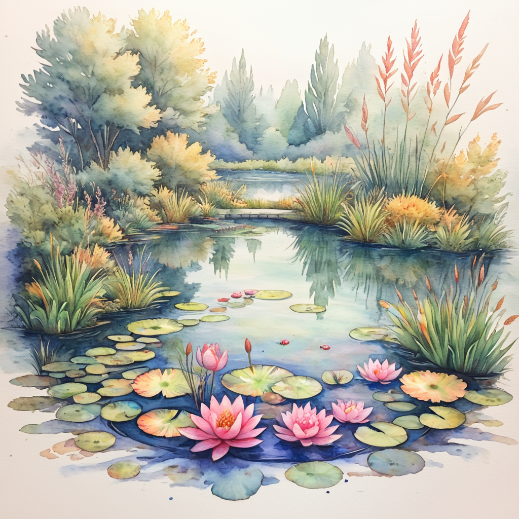 <lora:WatercolorSDXL2:1> ArsMJStyle, Watercolor,  traditional media, pond