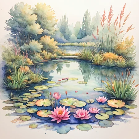 <lora:WatercolorSDXL2:1> ArsMJStyle, Watercolor, traditional media, pond