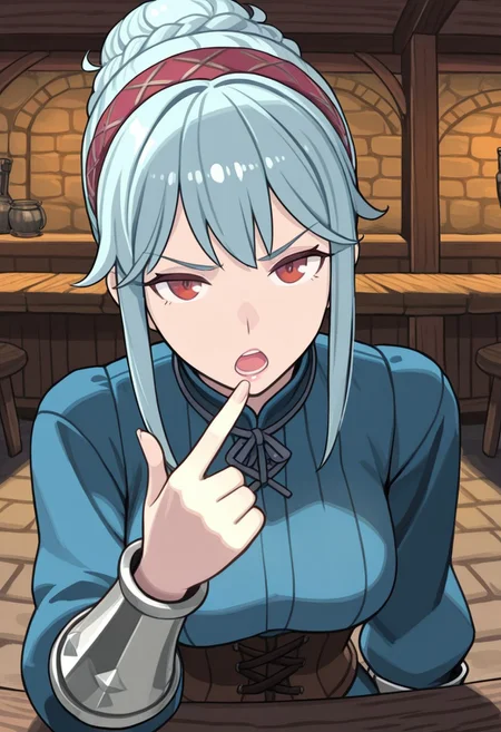 source_vanillaware,
close-up,
1girl, solo,
VirginiaIL, Virginia Unicorn Overlord,
red eyes, light blue hair, braided bun, sidelocks, pink lips,
maroon hairband, blue top, brown corset,
annoyed, bored, pointing at lips, open mouth, looking at viewer,
table in front, medieval tavern,