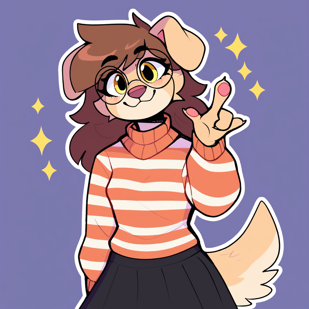 score_9_up, score_8_up, score_7_up, score_6_up, by remanedur, half-length portrait, brown hair, round glasses, furry female, dog, female, furry, floppy ears,  yellow eyes, looking at viewer, solo, smile, happy, gesture, three-quarter view, head tilt, sweater, striped sweater, black skirt, black socks, thigh socks, tail, simple background, white outline, <lora:Leah_Pines(AIM)_XL_v1:0.25> <lora:PDXL_artist_tags_v2_big:0.5> <lora:The-Minuscule-Task_PDXL_v1.0:0.6>  <lora:Buttercup_Jayrnski:0.4>