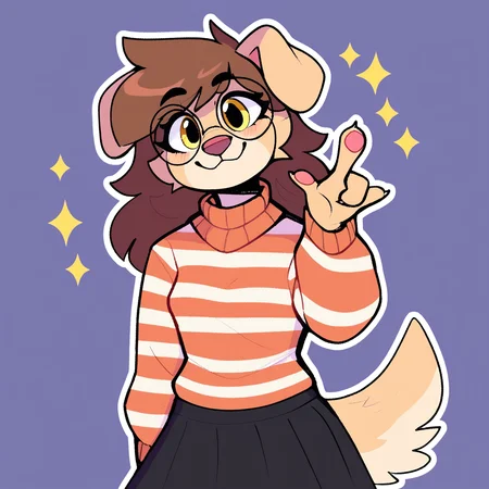 score_9_up, score_8_up, score_7_up, score_6_up, by remanedur, half-length portrait, brown hair, round glasses, furry female, dog, female, furry, floppy ears, yellow eyes, looking at viewer, solo, smile, happy, gesture, three-quarter view, head tilt, sweater, striped sweater, black skirt, black socks, thigh socks, tail, simple background, white outline, <lora:Leah_Pines(AIM)_XL_v1:0.25> <lora:PDXL_artist_tags_v2_big:0.5> <lora:The-Minuscule-Task_PDXL_v1.0:0.6> <lora:Buttercup_Jayrnski:0.4>