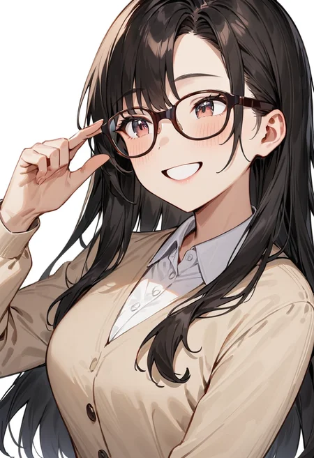 masterpiece, best quality, very aesthetic, absurdres,
1girl, solo, black hair, long hair,
Wellington22A, glasses, brown-framed eyewear,
collared shirt, happy, smile, looking at another, adjusting eyewear, white background, simple background,
<lora:glasses_Wellington_cellframe1_SDXL_V1:0.8>