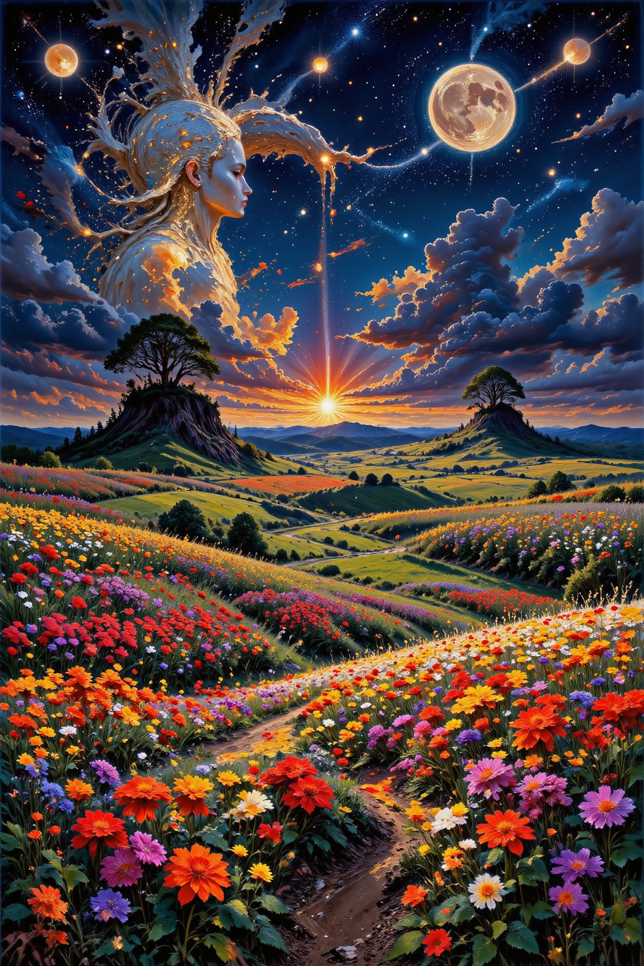 (flower field), beautiful Grenadian landscape,  bright luminous night, pretty woman, intricate, very detailed, sharp, colorful, multilayer surrealistic paint,  <lora:Hand v2:1> <lora:Anti-Blur:1> <lora:Insane Detail Slider:0.5>   <lora:Flux.1_Turbo_Detailer:0.6> <lora:flux-photo-transparent_Alpha_1.0:0.8> <lora:flux.1_lora_flyway_Epic-detail_v2:0.6>,  <lora:Painterly01b_CE_FLUX_AIT:0.8> pntrlyCE_style,  <lora:VividlySurreal:1>