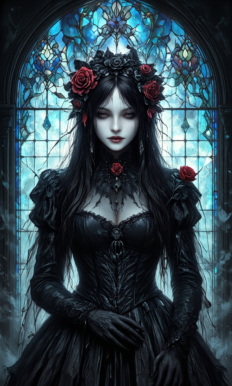 artwork depicting a gothic, ethereal figure with a dark, mysterious aura. The subject is a woman with pale skin and long, flowing black hair adorned with a large, intricate rose made of black and red fabric. She wears a dark, ornate dress with a high collar and intricate lacework, giving it a medieval or Victorian gothic style. Her eyes are downcast, and she gently holds a single red rose in her right hand, which is adorned with dark, long fingernails. 
The background is an arch-shaped stained-glass window, with blue and teal hues dominating, creating a mystical, otherworldly atmosphere. The stained glass is intricately designed with patterns of leaves, flowers, and geometric shapes, adding a sense of depth and texture to the scene. The light filtering through the window casts a soft glow on the woman, highlighting her delicate features and the details of her dress.
The overall style of the artwork is highly detailed and realistic, with a focus on gothic and fantasy elements. The use of light and shadow enhances the ethereal, almost ghostly quality of the figure., aidmaimageupgrader, aidmamj6.1,
