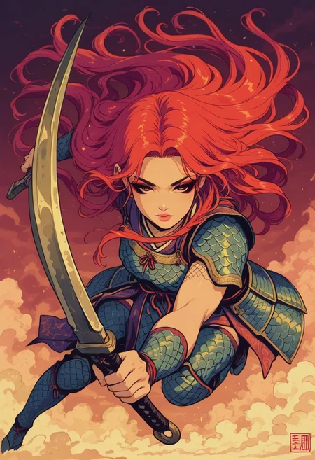 in the style of cksc, vibrant anime image, asian  warrior woman, long flowing hair, dark eyeshadow, dragon-scale armour, dynamic, holding scimitar, detailed face