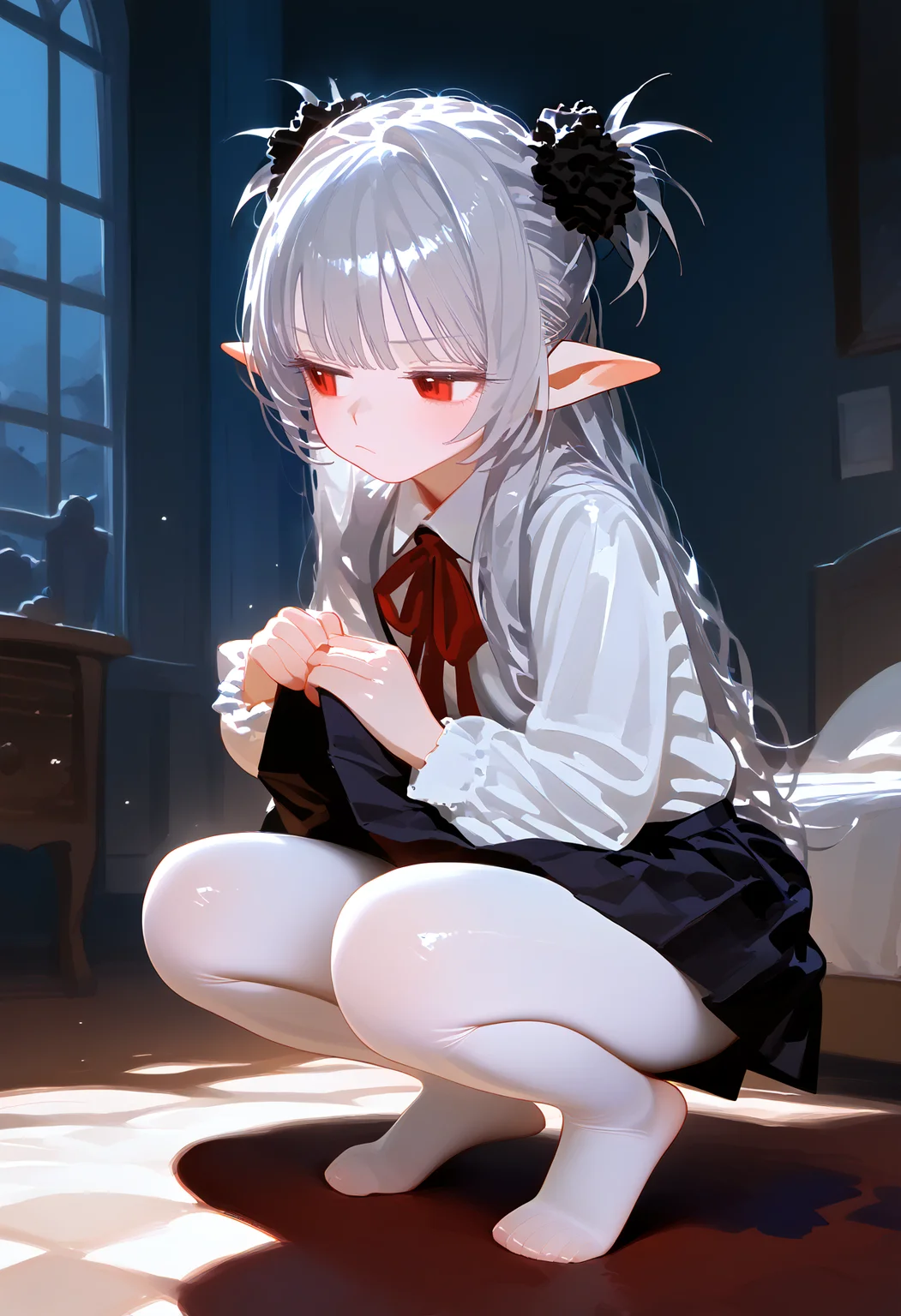 (score_9,score_8_up,score_7_up),
<lora:fkey_pony_v1:1>,<lora:naipf:1>,
detailed face,detailed hair,1girl,solo,((red eyes)),(elf ears),SMALL breasts,((long silver hair)),(((bangs))),(((((bunches))))),thick thighs,full body,white pantyhose,school uniform,bare foot,plump body,pale skin,white skin,shiny skin,oily skin,thick thighs,half-closed eyes,jitome,frown,fear kubrick,barefoot,
squatting,closed mouth,half-closed eyes,looking away,(((skirt lift))),
red and black,red bedroom,gothic bedroom,castle bedroom,darkness,dark theme,night,
oil painting,<lora:model_SDXL:1>,Cinematic Lighting,clear facial features,traditional media,depth of field,