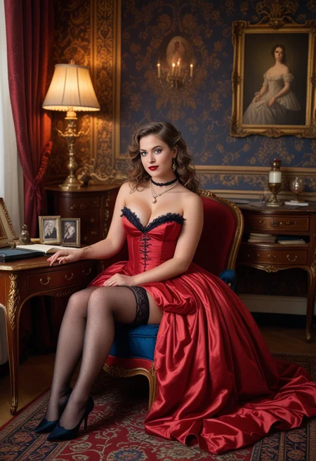(medium full shot) of (provocative harlot) young woman, french, tan skin, dark Blue eyes, curvy build, medium hazel wavy down hair, wearing a crimson ball gown, fishnet stockings, satin shoes, pearl necklace, red lips, lace choker, set in the 18th century, in boudoir, elegant room with a chaise lounge, a small writing desk with a quill and ink bottle, candles flickering on the walls, richly textured wallpaper, a plush rug underfoot, woman smiling, Masterpiece,best quality, photo, realistic, very aesthetic, detailed face,