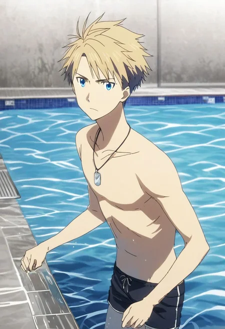 high resolution, professional photography, solo, best quality, 1Boy, Yamato Ishida, Blond Hair, Deep Blue Eyes, Necklace, pool, swimming, shirtless, shorts, looking at viewer, OverallDetail
