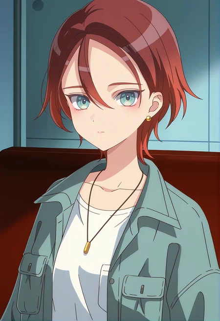 <lora:KYOKA KITAHARA_illustrious-000028:1>,KYOKA KITAHARA,solo,jewelry,earrings,shirt,white shirt,looking at viewer,necklace,jacket,upper body,red hair,closed mouth,blue jacket,breast pocket,hair between eyes,collarbone,green jacket,open clothes,multicolored hair,open jacket