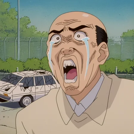 good quality, best quality, highres, masterpiece, painterly, comedy, parody, portrait,
1990s (style), anime screenshot, solo, male focus, old man, bald, standing, full body,  outdoors,  screaming, angry, school yard, face, mouth, eyes, broken car in the background, white car, tears of anger, 
<lora:GTO NoobAI V-Pred:0.6>