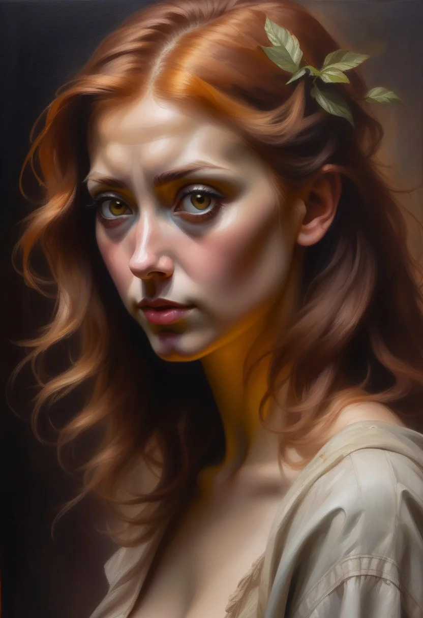 (((classical oil painting))), (((side view of cute short modern ginger American girl standing confidently in brothel))), (cute expression), ((dark brown eyes)), ((gelasin)), ((small boobs)), (smoky air), ((neon)), Intricate textures, (high detailed skin:1.7),