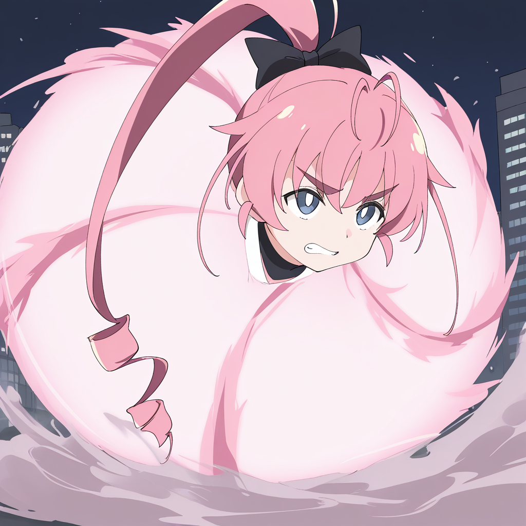 choukyuuhaoudeiedan, spinning, 1girl, solo, rinlilustea, mahoutouki, magical girl, pink hair, ahoge, long hair, ponytail, hair bow, thick eyebrows, blue eyes, white pupils, head only, dust, pink smoke, night, city background, clenched teeth, serious,
