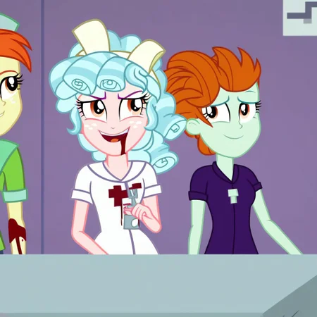 Cozy Glow, Equestria Girls, bloody nurse, at hospital, rusty walls covered in blood, dark, dingy, depressive, nightmare