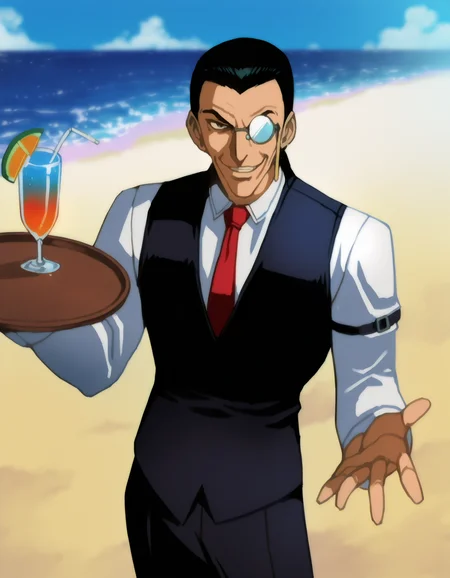 masterpiece, absurdres, best quality, refined digital art, 
holding tray, tropical drink,  
Walter C. Dornez, anime screenshot, 1990s (style), 1boy, male focus, solo, monocle, black hair, grin, smile, necktie, vest, 
beach, outdoors, sunshine, parody,
(chainsaw man, one punch man, tekken, street fighter, the king of fighters:0.2),
cinematic, anime screencap, character art, clear lines, soft colors, anime aesthetic, 1990s, 
artist: hungry clicker, artist: optionaltypo,
<lora:Hellsing classic Illustrious:0.75>