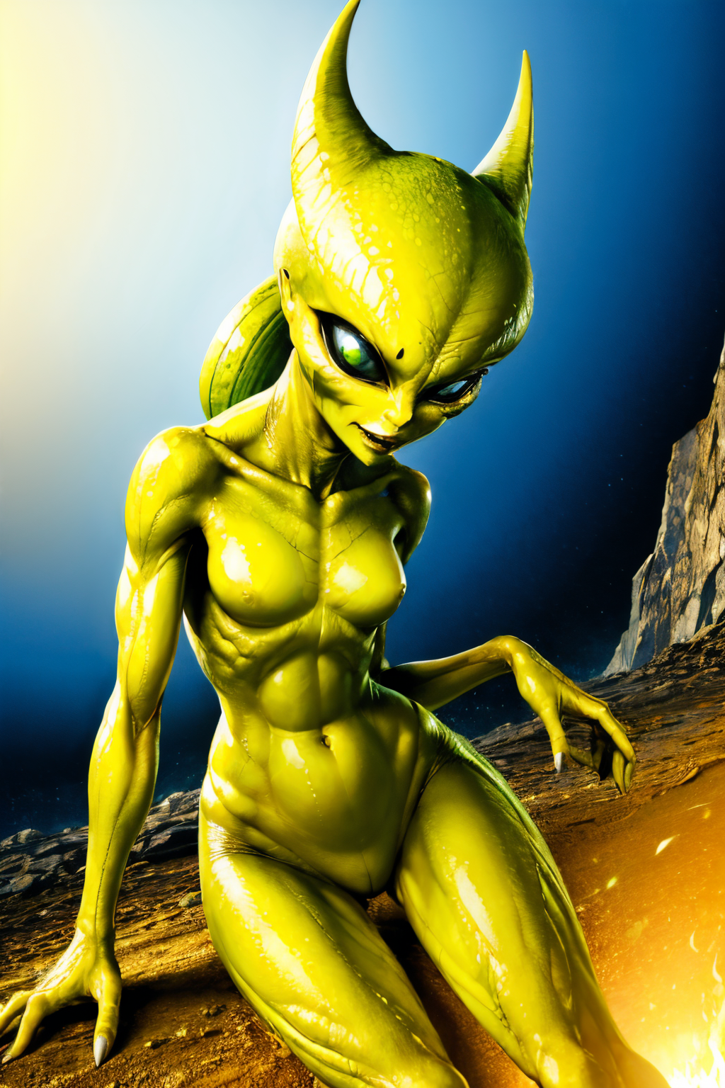 (Realisitc:1.5) Yellow and green alien woman monster <lora:EdobAlienMonsterFemale_v1.0:0.8>