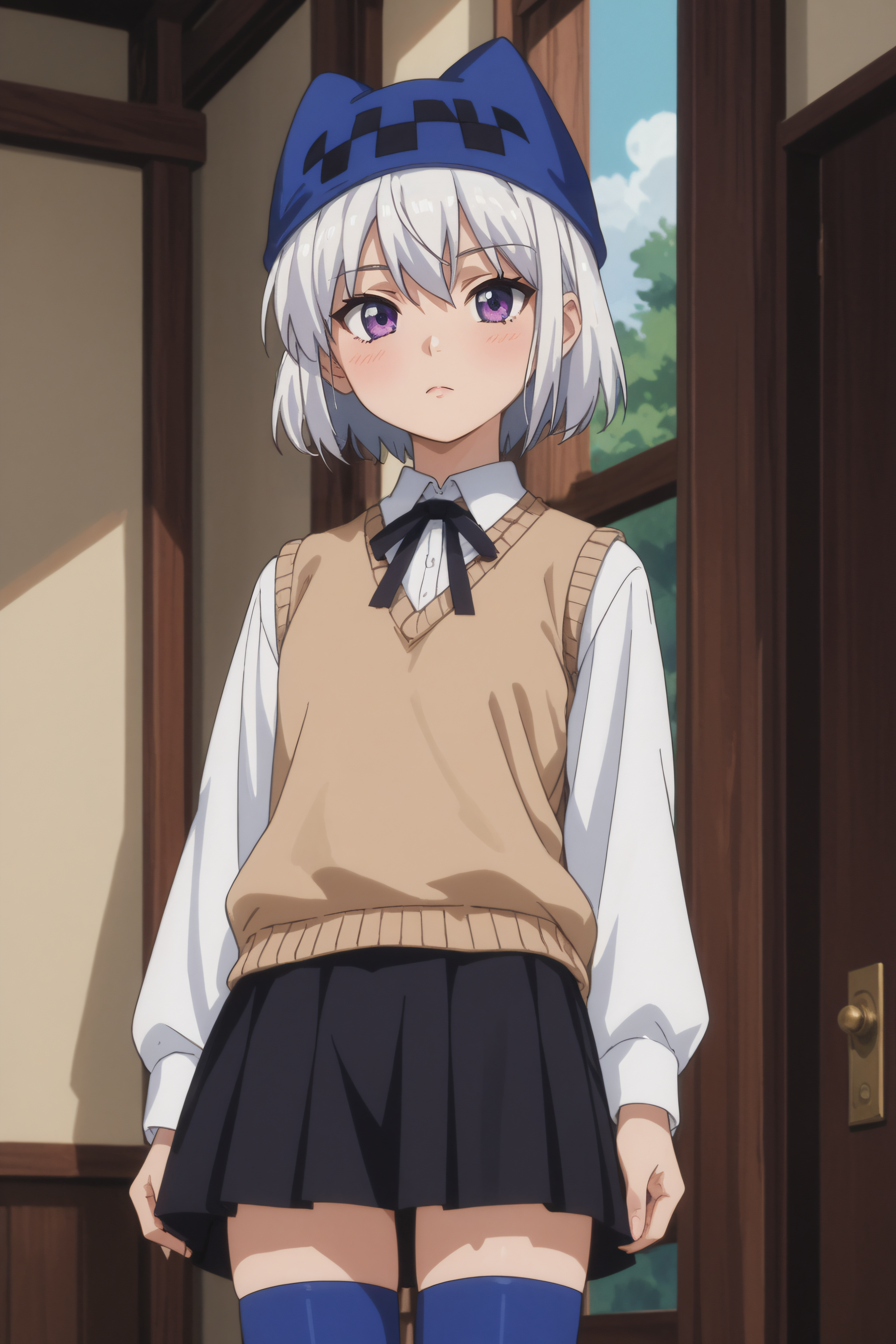 score_9, score_8_up, score_7_up, source_anime, <lora:Athena-PonyXL-lora-Faxtron:0.8> athena, purple eyes, white hair, short hair, hat with ears, beige sweater vest, white shirt, black neck ribbon, long sleeves, black skirt, blue thighhighs, standing,  anime screencap,