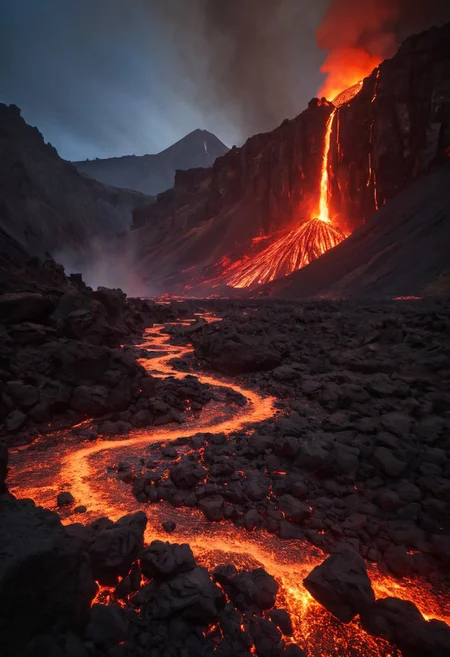 In the heart of a volcanic landscape, our fearless explorer finds themselves amidst a scene of impending chaos. Molten lava cascades down the mountainside, casting an ominous red glow across the rocky terrain. With smoke and ash billowing into the sky, the adventurer races against time, navigating treacherous paths strewn with debris as fiery explosions erupt around them, painting the scene with bursts of intense heat and light. 
many details, extreme detailed, full of details,
Wide range of colors.
Many details everywhere.  soft shadows. Low saturation colors. Insane quality. Insane resolution. Insane details. Masterpiece. 32k resolution.
Dramatic,Dynamic,Cinematic,Sharp details
 <lora:add-detail-xl:1>