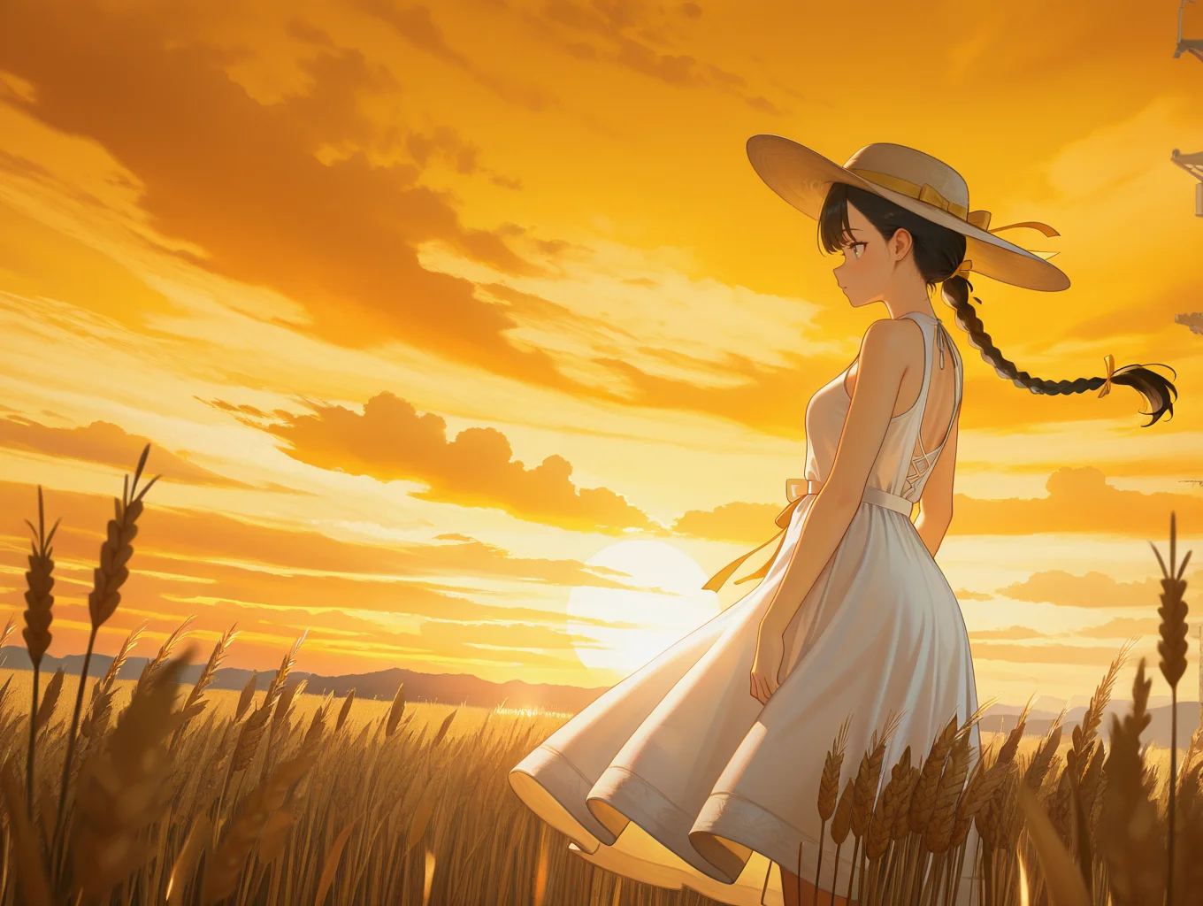 best quality,amazing quality,cinematic,very aesthetic,absurdres,newest,huge filesize,highres,sensitive,
<lora:SQ2-000048:1>,3D,SQ2,
1girl,solo,long hair,black hair,braid,braided ponytail,standing,floating hair,white dress,sun hat,sleeveless dress,outdoors,sunset,sky,cloudy sky,wind,scenery,field,orange sky,orange theme,yellow sky,wheat,from side,profile,yellow theme,back lighting,glowing