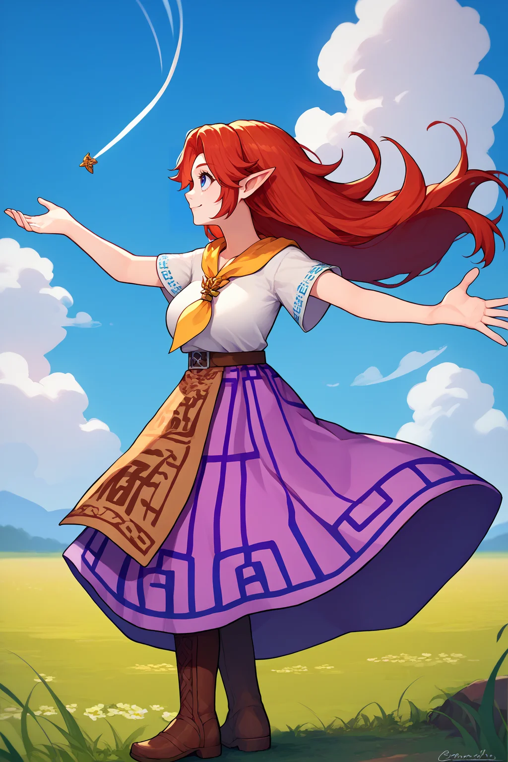 score_9, score_8_up, score_7_up, score_6_up, source_anime, 1girl, solo, <lora:malon-pdxl-nvwls-v1-000005:1> cremia, red hair, long hair, pointy ears, white shirt, yellow neckerchief, short sleeves, belt, purple skirt, long skirt, brown apron, hair blowing in the wind, blue sky, clouds, field, outstretched hand, looking up, from side, smile, wide shot, brown boots, standing, big breasts