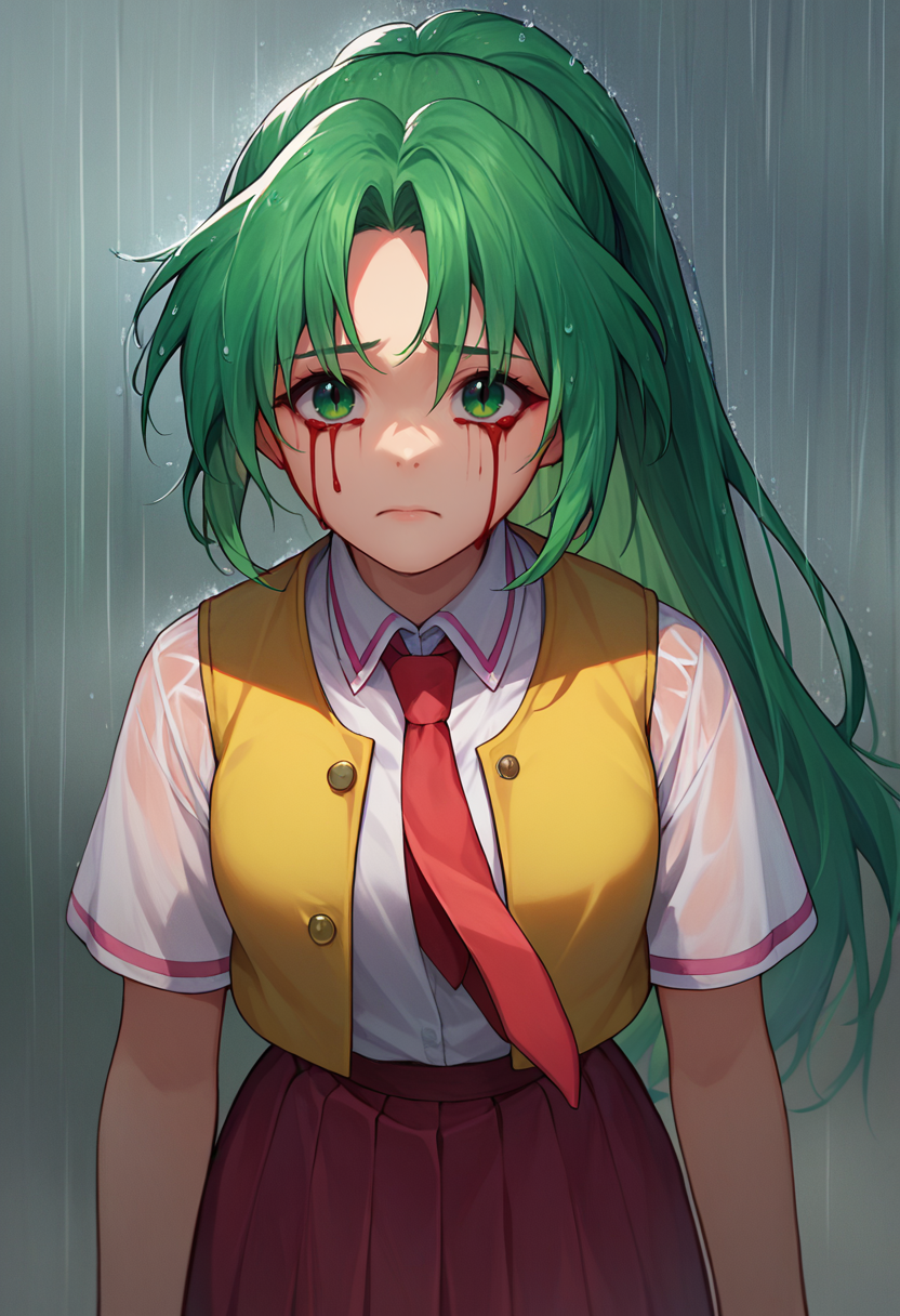 score_9, score_8_up, score_7_up, 1girl, bloody tears,  <lora:Bloody tears-000009:1>  <lora:MionCAME2:1> Mion Sonozaki, green eyes, ponytail, green hair, white shirt, red necktie, yellow vest, red skirt, looking up, rain,  closed mouth, front view,