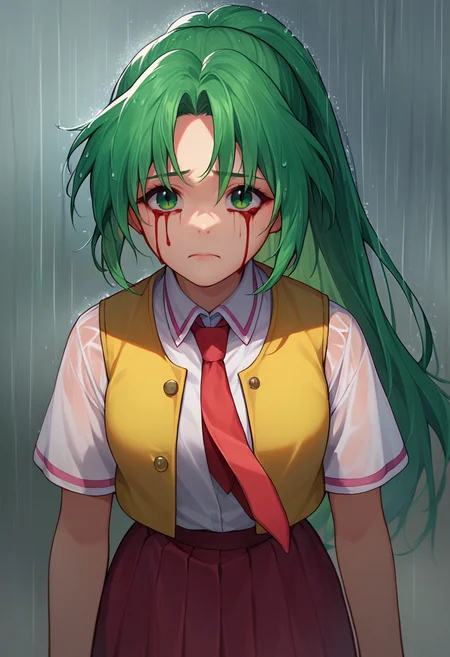 score_9, score_8_up, score_7_up, 1girl, bloody tears,  <lora:Bloody tears-000009:1>  <lora:MionCAME2:1> Mion Sonozaki, green eyes, ponytail, green hair, white shirt, red necktie, yellow vest, red skirt, looking up, rain,  closed mouth, front view,