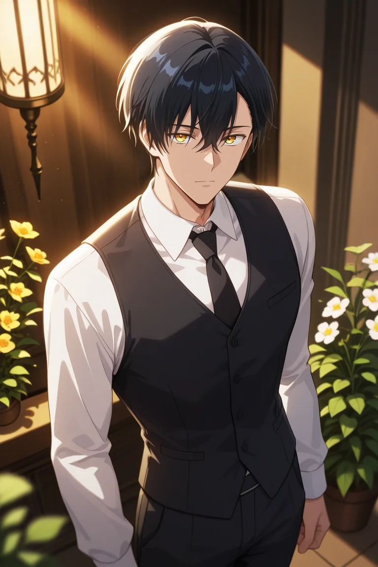 masterpiece, best quality, amazing quality, very aesthetic, high resolution, ultra-detailed, absurdres, newest, scenery, volumetric lighting, depth of field, , , 1boy, solo, male focus ,<lora:noah:0.76>,noah wynknight,black hair,golden eyes,short hair,bangs,looking at viewer, short hair, shirt, long sleeves,white shirt, flower,collared shirt, vest, formal, suit, black vest,necktie,from above