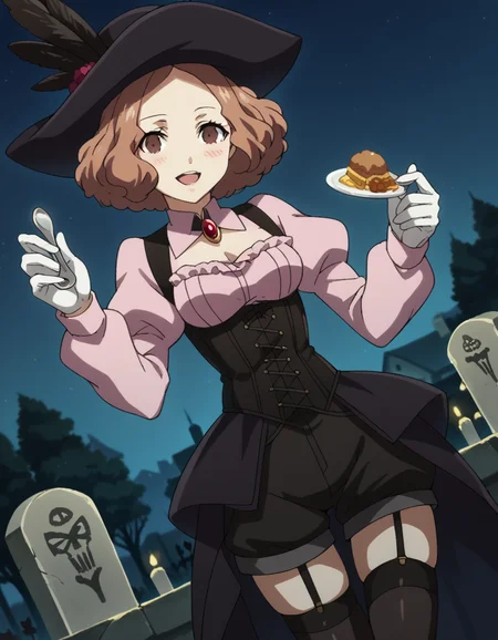 score_9, score_8_up, score_7_up, source_anime, <lora:haru-okumura-s1-ponyxl-lora-nochekaiser:1>, haru okumura, brown eyes, brown hair, short hair, medium breasts, anime screencap, black thighhighs, brooch, corset, feathers, frills, garter straps, gloves, hat, hat feather, jewelry, long sleeves, puffy long sleeves, puffy sleeves, shorts, skindentation, thighhighs, tight clothes,, graveyard, tombstones, dark, trees, eerie, smile, <lora:incoming-spoon-ponyxl-lora-nochekaiser:1> incoming food, spoon, holding, holding spoon, food, looking at viewer, open mouth, blush, smile, restaurant, plate, hand up,, looking at viewer, solo,, dutch angle, cowboy shot