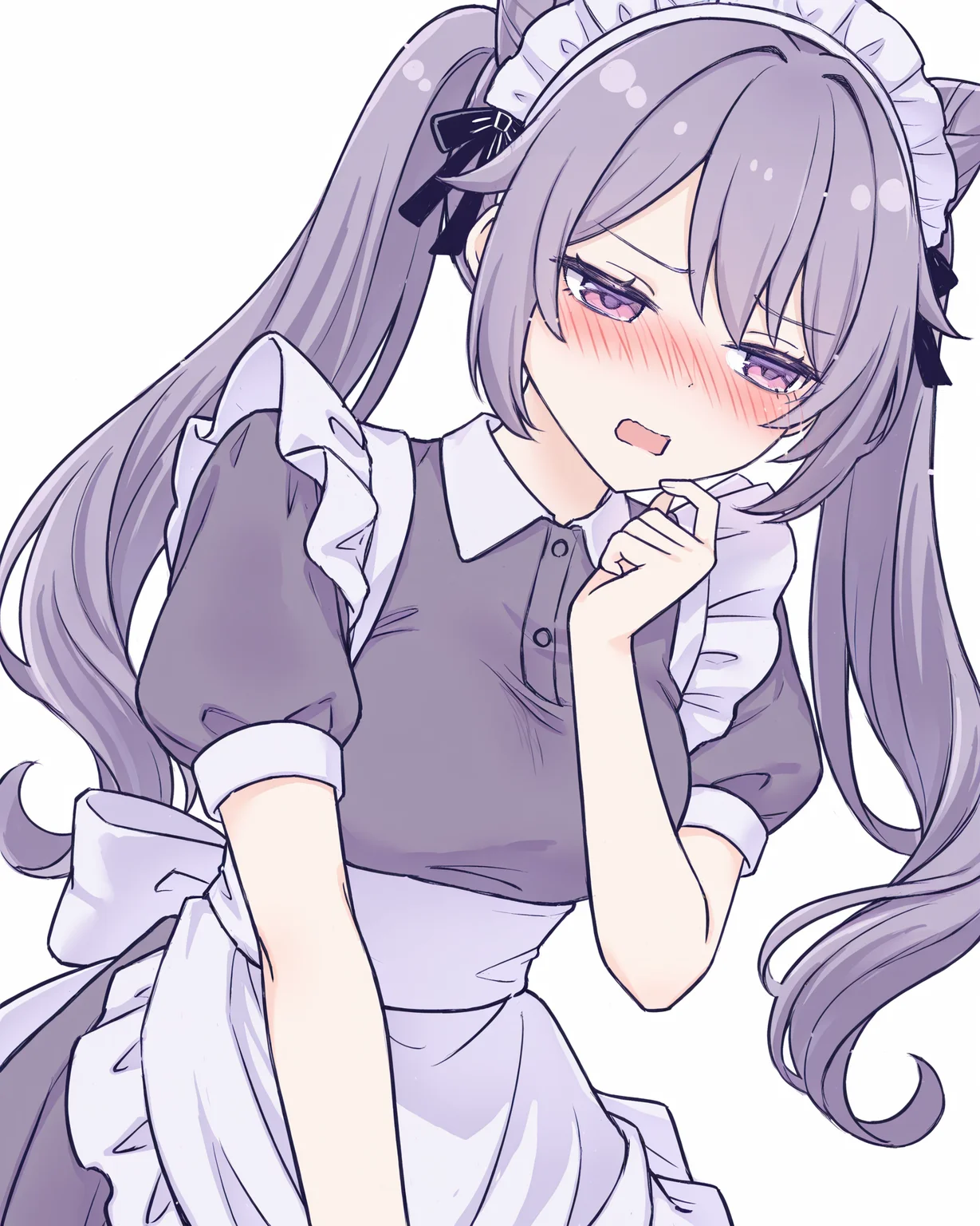 (1girl:0.6),solo,front view,
(keqing \(genshin impact\):0.8),twintails,
maid,white apron, maid headdress, embarrassed, bored,blush,open mouth, 
white background, 
best quality,high quality,highres,huaxiao style,
<lora:huaxiao_ill01:1>,