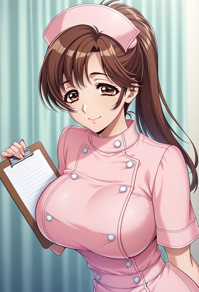 masterpiece, best quality, newest, highres, uncensored, 1girl, yokota mamoru style,1girl,
Ichijou Fuuko,Brown Hair, Long Hair, Parted to Side, Ponytail, Spiky Bangs,Brown Eyes, Tareme Eyes,Big Breast, Slim
1girl, solo, , long hair, brown eyes, hat, nurse, smile, nurse cap, holding, looking at viewer, clipboard