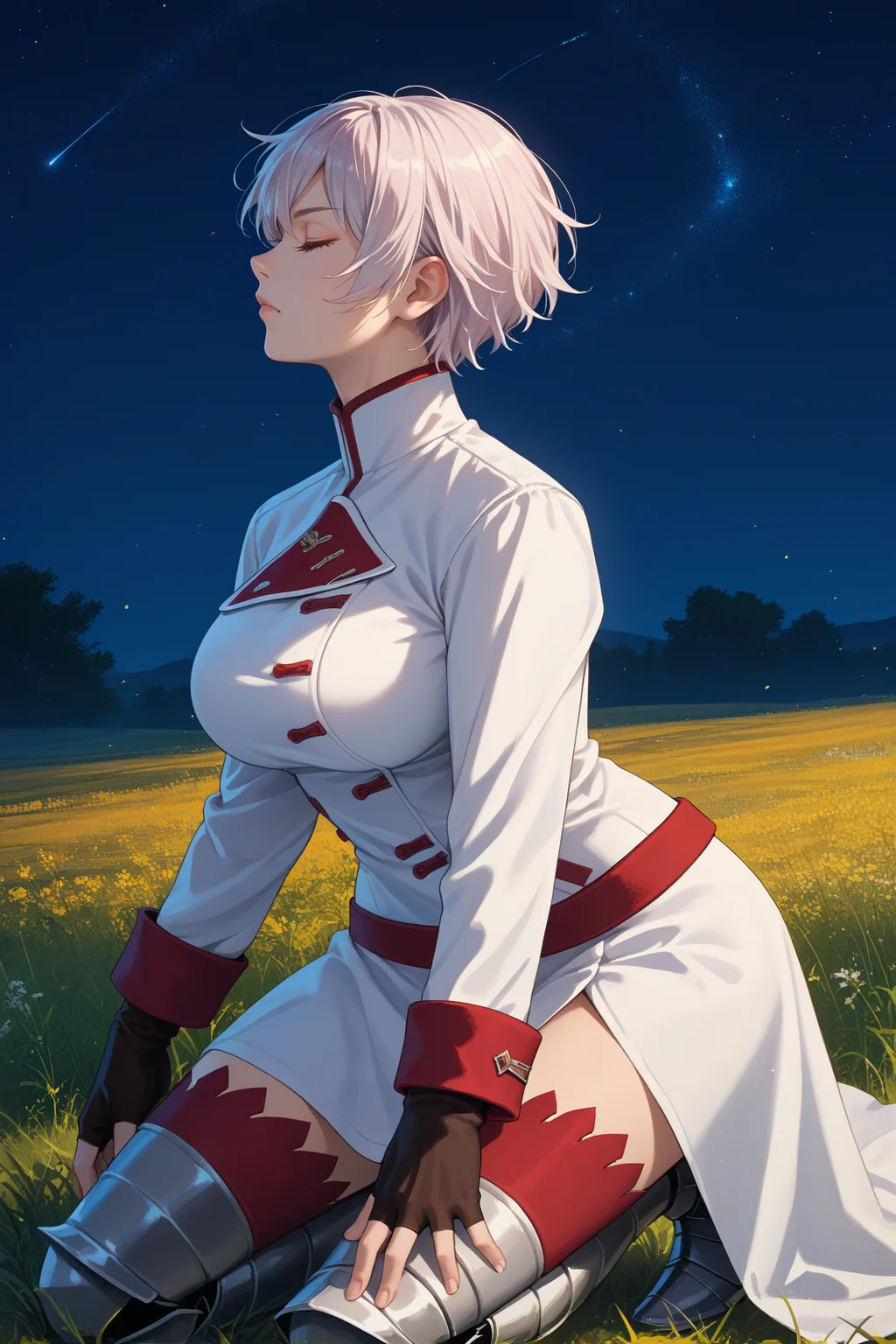 score_9, score_8_up, score_7_up, score_6_up, source_anime, 1girl, solo, <lora:vanitasjeanne-pdxl-nvwls-v1-000006:1> vntasJne, white hair, yellow eyes, short hair, white uniform, long sleeves, fingerless gloves, white skirt, armored boots, big breasts, kneeling, night, from side, profile, closed eyes, field