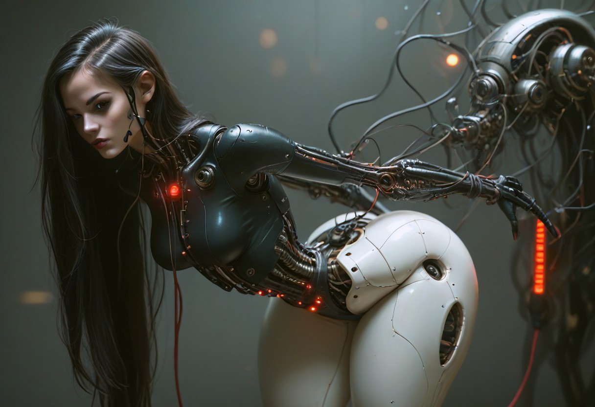 high quality, best quality, ultra-detailed, very aesthetic, source_realistic, 1girl, solo, Long black hair, swept bangs, curtained hair, dark brown eyes, dark makeup, cat eyeliner, red lipstick, beautiful lips, red long nails, very pale skin, curvy, medium breasts, thick thighs, round ass, dynamic pose, pinup pose, dim light, (sci-fi, perfect anatomy, android girl, erotic pose, reelmech, mechanical parts, cable, wires, machinery, joints, mecha, (medium breasts), ((fat ass, thick thighs, small waist)), high-contrast setting, alien android, flowing black hair, very long hair, dark moody dramatic background, glowing red, spaceship cockpit, galaxy, space, stars, planets, bright colors contrasted against dark background, (red neon glow) from consoles and screens, bright led lights, buttons, switches, (charging), conduit, bending forward, using console, glowneon, mechanical high heels), ultra-definition, fine details, high resolution, 8K wallpaper, perfect dynamic composition, (((tighs to head focus))), raw, photo, realistic